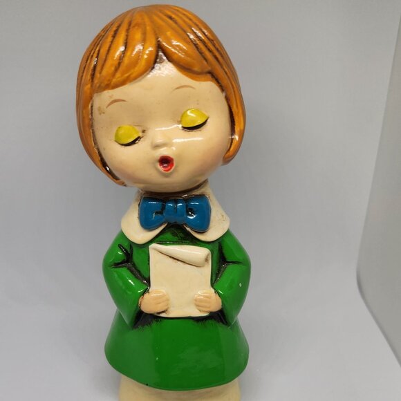 Vintage Christmas Chalk Ware Caroler Green Smock Made in Japan New in Box - Picture 1 of 7